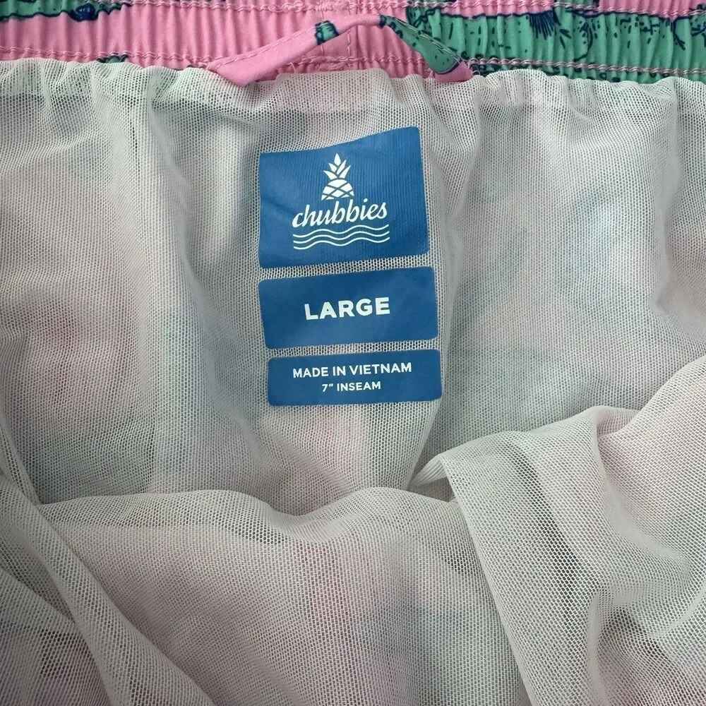 Chubbies The Gem Glades Swim Trunks Men L Pink Alligator Print AOP Stretch Lined
